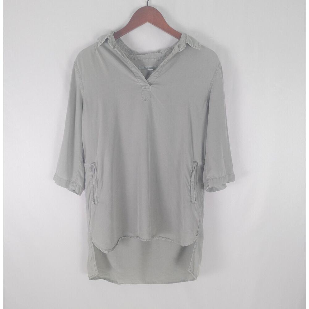 Mi Ami Shirt Womens Small Tunic‎ Top Green Pockets Long Roll Tab Sleeve Blouse